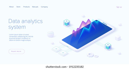 Predictive analytics in isometric vector illustration. Data mining, modelling and machine learning. Information statistics.