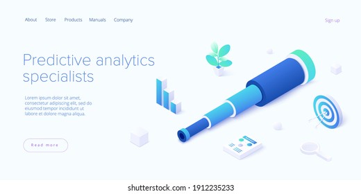 Predictive Analytics In Isometric Vector Illustration. Business Forecasting As Strategic Method Of Future Development. Spyglass As Metaphor Of Goal Strategy Or Prediction Analysis.