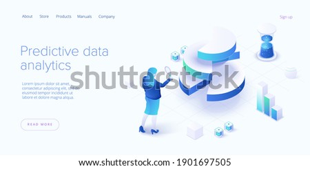 Predictive analytics in isometric vector illustration. Data mining, modelling and machine learning. Information statistics.