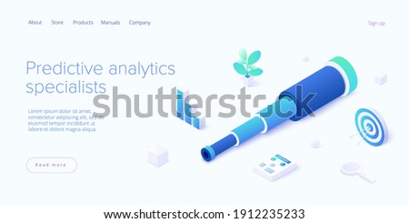Predictive analytics in isometric vector illustration. Business forecasting as strategic method of future development. Spyglass as metaphor of goal strategy or prediction analysis.