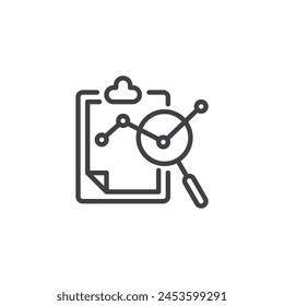 Predictive Analytics line icon. Clipboard with graph and magnifier linear style sign for mobile concept and web design.  Analytics dashboard outline vector icon. Symbol, logo illustration