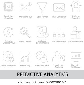 Predictive Analytics Line Icons Predicción, Segmentación, Paquete de modelado de IA 