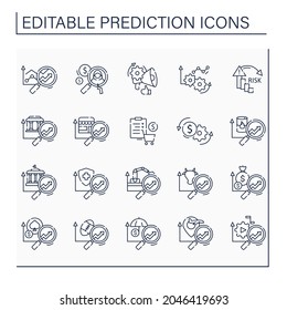 Predictive analytics line icons set. Collating historical, real-time data about customers. Influencing investments. Business predicting concept.Isolated vector illustrations.Editable stroke