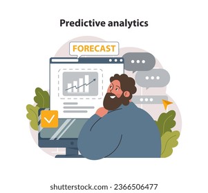 Predictive analytics. Process of using data to forecast future outcome. Business ideas or decisions development. Character processing big data. Outlook or forecast. Flat vector illustration