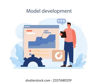 Análisis predictivo. Proceso de uso y procesamiento de datos para pronosticar resultados futuros. Desarrollo de ideas empresariales o decisiones. Caracteres desarrollando un modelo. Ilustración vectorial plana