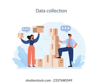 Predictive analytics. Process of using and processing data to forecast future outcome. Business ideas or decisions development. Character collecting data for research. Flat vector illustration