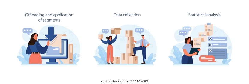 Predictive analytics set. Process of using data to forecast future outcome. Business ideas or decisions development. Character processing big data. Outlook or forecast. Flat vector illustration