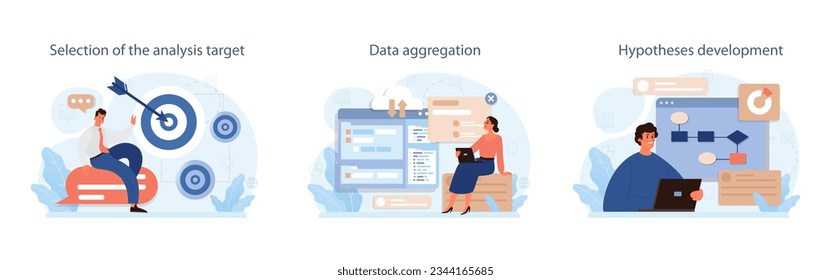 Predictive analytics set. Process of using data to forecast future outcome. Business ideas or decisions development. Character processing big data. Outlook or forecast. Flat vector illustration