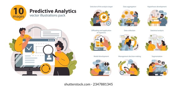 Predictive analytics set. Process of using data to forecast future outcome. Business ideas or decisions development. Character processing big data. Outlook or forecast. Flat vector illustration