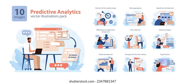 Predictive analytics set. Process of using data to forecast future outcome. Business ideas or decisions development. Character processing big data. Outlook or forecast. Flat vector illustration