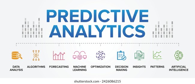 Predictive Analytics technology concept vector icons set infographic illustration background. Business Analytics, Predictive Analysis, Data Analytics, Algorithms, Forecasting, Machine Learning.