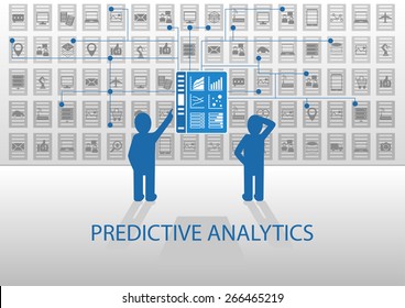 Predictive analytics vector illustration. Two analysts analyzing reporting dashboard. Flat design with blue and grey color scheme.