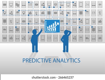 Predictive analytics vector illustration. Two analysts analyzing reporting dashboard with positive chart. Flat design with blue and grey color scheme.