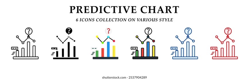 Coleção de ícones do gráfico de previsão. 6 Vários estilos. Ícone de cor linear, sólida, plana e linear. Para sinal, símbolo, apresentação, elemento, infográfico ou gráficos da Web. Ilustração de vetor.