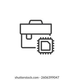 Predictive Hiring line icon. linear style sign for mobile concept and web design. Briefcase and computer chip outline vector icon. Symbol, logo illustration. Vector graphics