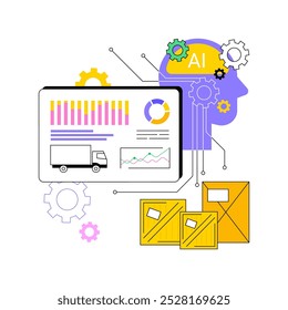 Análise de Inventário Preditivo com ilustração vetorial de conceito abstrato de AI. Gerenciamento da cadeia de fornecimento. Preveja as necessidades de inventário e otimize os níveis de estoque para reduzir custos.