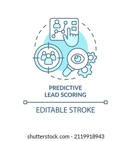 Predictive lead scoring turquoise concept icon. AI usage in marketing abstract idea thin line illustration. Isolated outline drawing. Editable stroke. Arial, Myriad Pro-Bold fonts used