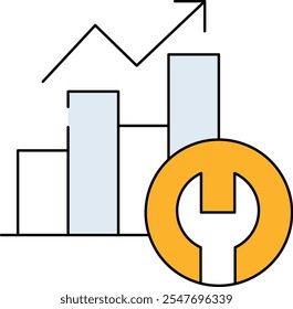 Icono de mantenimiento predictivo . Llave inglesa con un gráfico que muestra las tendencias de datos. Color negro y amarillo. Ilustración vectorial.