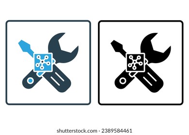 Predictive maintenance icon. Wrench and cpu. predictive maintenance strategies. icon related to industry, technology. solid icon style. simple vector design editable