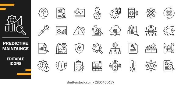 Predictive Maintenance Icons Set – Line Vector Collection for Industrial Monitoring, Smart Manufacturing and Equipment Management