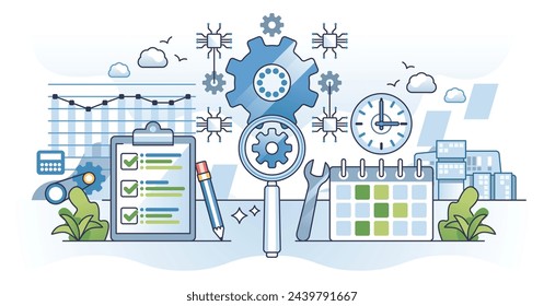 Predictive maintenance for IOT technological efficiency outline concept. Planned technical defect checkup for high quality performance vector illustration. Reliable repair process and monitoring.