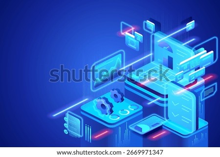 Predictive maintenance in smart factory. Real-time monitoring, AI diagnostics, equipment health tracking, and automated solutions to reduce downtime. Isometric vector illustration 