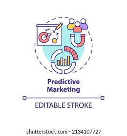 Predictive marketing concept icon. Advertising cases analyze. Customer engaging abstract idea thin line illustration. Isolated outline drawing. Editable stroke. Arial, Myriad Pro-Bold fonts used