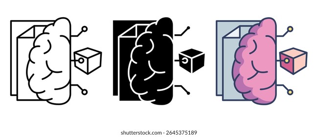 Predictive model icon represented by cube, network, brain, document Line, Filled, Color style.