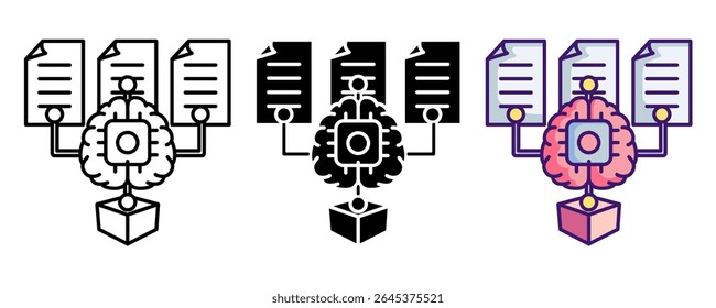 Predictive model icon represented by chip,brain,cube,explanationpaper Line, Filled, Color style.