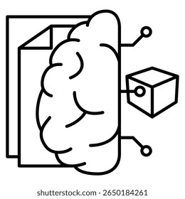 Predictive model icon represented by cube, network, brain, document Line style.