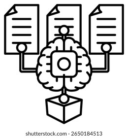 Predictive model icon represented by chip,brain,cube,explanationpaper Line style.