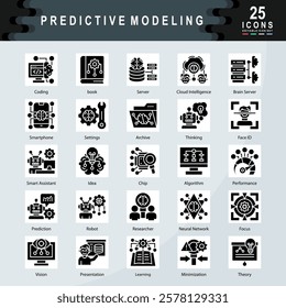 Predictive Modeling icon set containing Coding, Server, Settings, Archive, Thinking, Algorithm, Robot, Researcher, Neural Network, Chip icon. Simple glyph vector