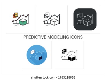 Predictive Modeling Icons Set.Process That Uses Data And Statistics To Predict Outcomes With Data Models. Customer Data.Collection Of Icons In Linear,filled, Color Styles.Isolated Vector Illustrations