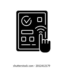 Tecnología táctil predictiva icono de glifo negro. El dispositivo mantiene a la gente alejada de las pantallas públicas para reducir el riesgo de propagación de patógenos. Símbolo de silueta en el espacio blanco. Ilustración aislada del vector