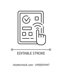 Predictive touch technology linear icon. Device keeps people hands away from public displays. Thin line customizable illustration. Contour symbol. Vector isolated outline drawing. Editable stroke