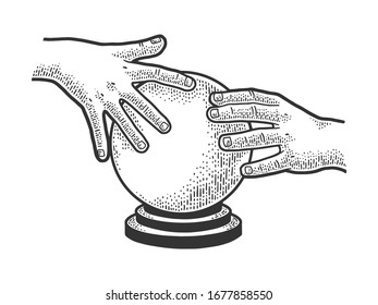 esbozo de bola de cristal de predictor que graba ilustración vectorial. Diseño de impresión de prendas de pantalones en T. La imitación de la tabla de raquetas. Imagen dibujada a mano en blanco y negro.