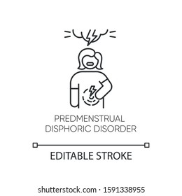 Predmenstrual dysphoric disorder linear icon. Menstrual cramp. PMS. Premenstrual health care. Mental issue. Thin line illustration. Contour symbol. Vector isolated outline drawing. Editable stroke