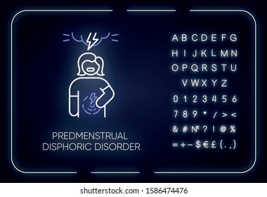 Predmenstrual dysphoric disorder neon light icon. Menstrual cramp. Woman in pain. PMS. Premenstrual health care. Glowing sign with alphabet, numbers and symbols. Vector isolated illustration