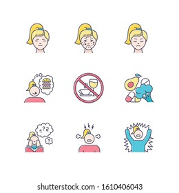 Predmenstrual syndrome color icons set. Female facial treatment. Acne and pimples. Sadness and stress. Food craving. Emotional outburst. Healthy diet. Poor concentration. Isolated vector illustrations