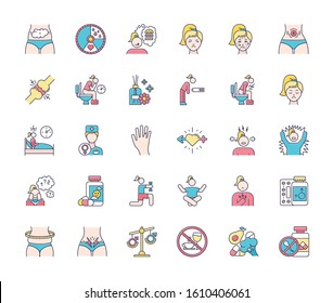 Predmenstrual Syndrome Color Icons Set. Menstrual Cycle. Period Abdominal Pain. Food Craving. Birth Control. Aromatherapy. Emotional Outburst. Hormone Imbalance. Isolated Vector Illustrations