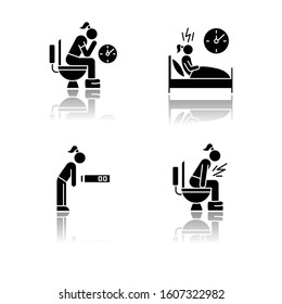 Predmenstrual syndrome drop shadow black glyph icons set. Menstruation symptoms. Constipation and stomach ache. Insomnia. Fatigue, tired girl. Diarrhea, sickness. Isolated vector illustrations