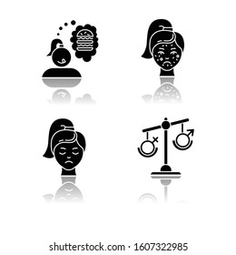 Predmenstrual syndrome drop shadow black glyph icons set. Food craving. Girl hungry for burger. Acne and pimple. Dermatology. Sadness and stress. Hormonal disbalance. Isolated vector illustrations