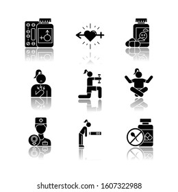 Predmenstrual syndrome drop shadow black glyph icons set. Gynecology. Libido racing. Antidepressant. Fatigue. Birth control. Chest pain. Exercise and meditation. Isolated vector illustrations