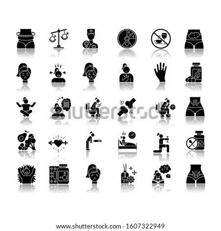 Predmenstrual syndrome drop shadow black glyph icons set. Menstrual cycle. Abdominal pain. Food craving. Birth control. Aromatherapy. Emotion outburst. Hormone imbalance. Isolated vector illustrations