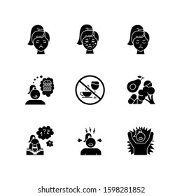 Predmenstrual syndrome glyph icons set. Facial treatment. Acne and pimples. Sadness and stress. Food craving. Emotional outburst. Poor concentration. Silhouette symbols. Vector isolated illustration