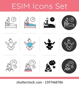 Predmenstrual syndrome icons set. Change in sleep pattern. Meditation and yoga pose. Poor concentration. Woman study. Flat design, linear, black and color styles. Isolated vector illustrations