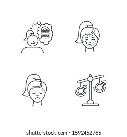 Predmenstrual syndrome linear icons set. Food craving. Acne and pimple. Hormonal disbalance. Thin line contour symbols. Isolated vector outline illustrations. Editable stroke. Perfect pixel