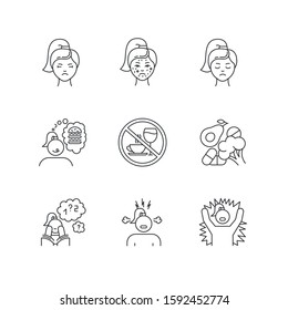 Predmenstrual syndrome linear icons set. Facial treatment. Acne and pimples. Food craving. Healthcare. Thin line contour symbols. Isolated vector outline illustrations. Editable stroke. Perfect pixel