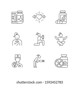 Predmenstrual syndrome linear icons set. Replacement therapy. Gynecology. Pills for health. Fatigue. Thin line contour symbols. Isolated vector outline illustrations. Editable stroke. Perfect pixel