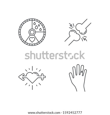 Predmenstrual syndrome linear icons set. Menstrual cycle. Joint pain. Libido racing. Swollen hand. Thin line contour symbols. Isolated vector outline illustrations. Editable stroke. Perfect pixel